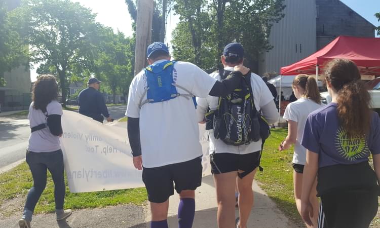 Steven Burns and Brian Jones walked the final kilometre of their Long, Long Walk for Liberty Lane in Fredericton on Saturday morning. Photo: Sarah Betts/The Daily Gleaner